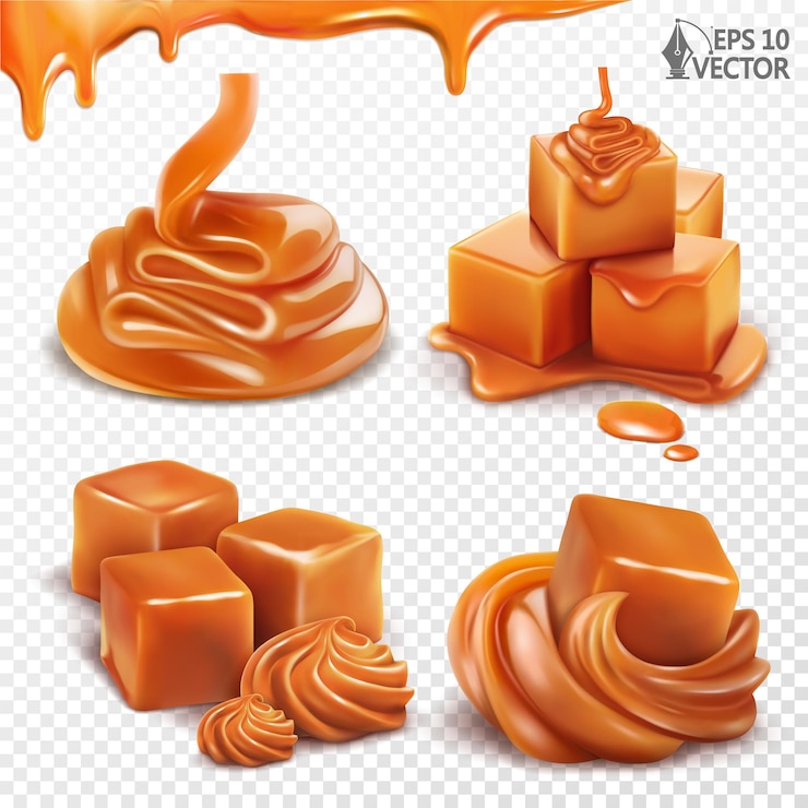 Vettore caramelle al caramello ricoperte versando la salsa da dessert sciroppo di crema liquida toffee set vettoriale realistico 3d