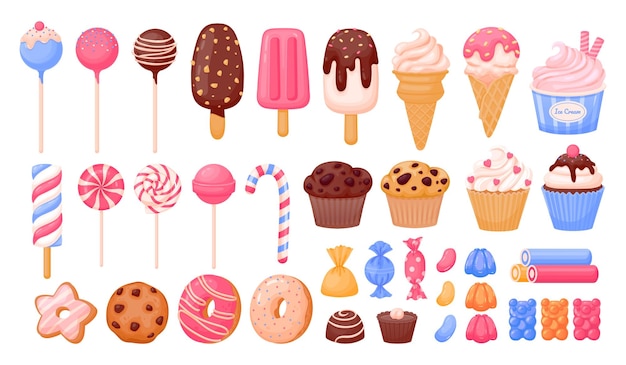 Caramelle dei cartoni animati Dolce dolce caramella torta carina lecca-lecca zucchero al cioccolato pasticceria gelato ciambella caramello panetteria colorato orso dragee Set vettoriale