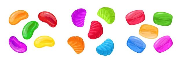 Caramelle di gelatina Cartoon caramelle fruttate deliziose caramelle da masticare con vari sapori set di illustrazioni vettoriali piatte collezione di caramelle su bianco