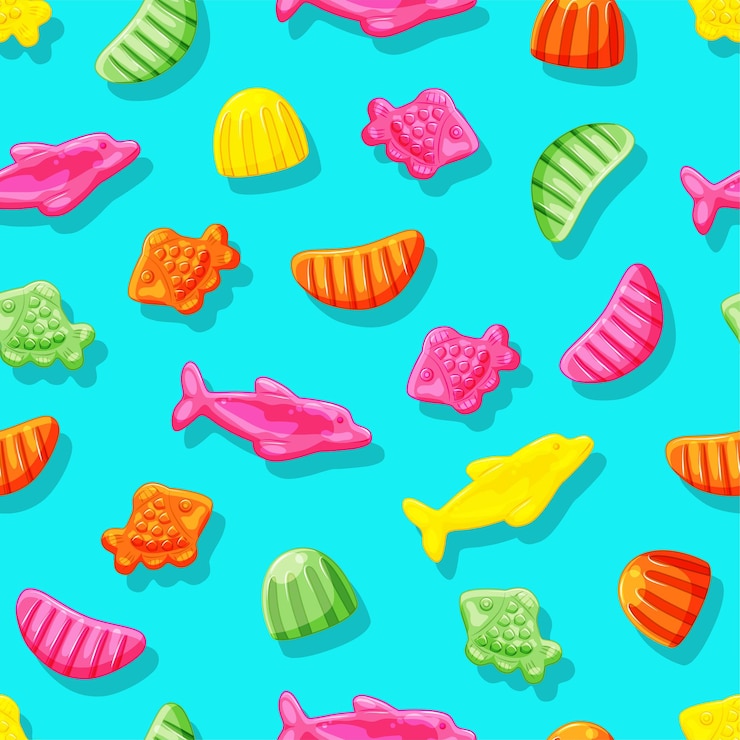 Vettore caramelle di gelatina di pesce e fette modello senza cuciture di vitamine colorate