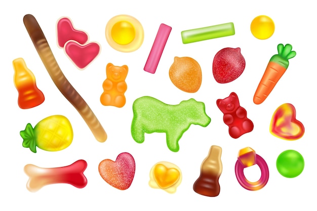 Caramelle gommose caramelle 3D caramelle da masticare frutta gomma morbida orsi marmellata carino lecca-lecca per bambini cibo bottiglia di cola e forme di gelatina ossea stampa vettoriale set di dolci dolci