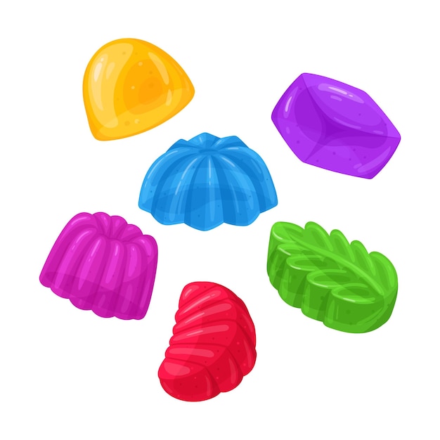 Caramelle gommose masticabili Cartoon fruttate gommose deliziose caramelle con vari sapori set di illustrazioni vettoriali piatte caramelle su bianco