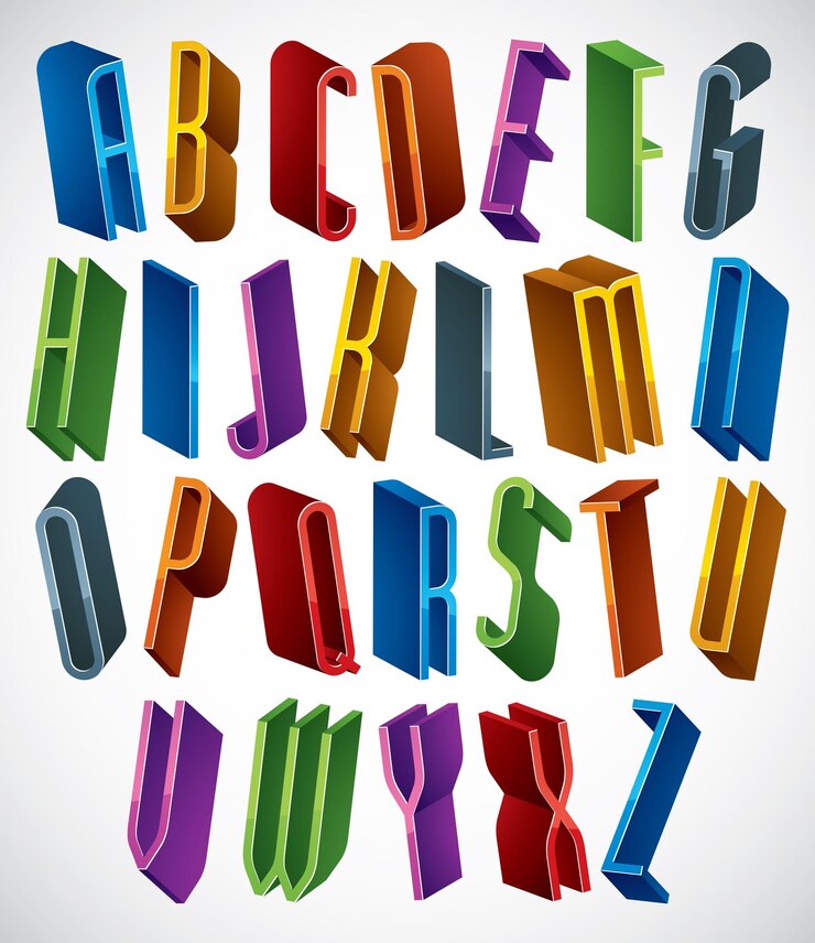 Vettore carattere 3d, lettere alte e sottili vettoriali, alfabeto dimensionale geometrico, ideale per l'uso in pubblicità e web design.