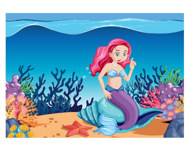 Carattere caricaturistico di sirena carino sotto il fondo del mare illustrazione vettoriale