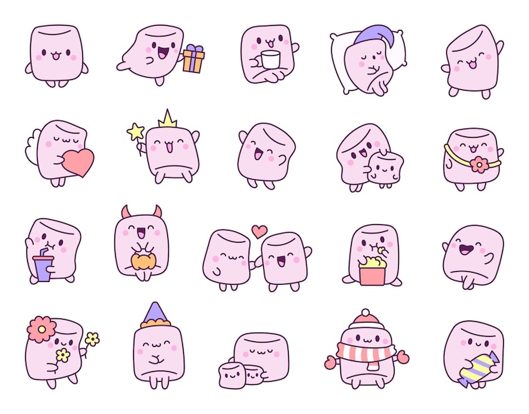 Vettore carattere carino di marshmallow dolce dessert sorridente disegnato a mano disegno vettoriale