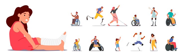 Vettore carattere con disabilità uomini e donne con disturbi fisici, sensoriali, cognitivi o emotivi che richiedono alloggio per la pari partecipazione nella società illustrazione vettoriale di persone del fumetto