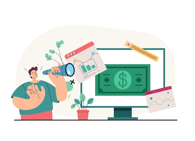 Carattere del manager dell'impiegato dell'uomo d'affari che guarda al successo futuro Analisi delle finanze aziendali online