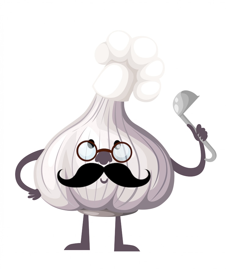 Vettore carattere dell'aglio. la mascotte dell'aglio tiene il mestolo. il concetto di cuoco. illustrazione su sfondo bianco. pagina del sito web e progettazione di app per dispositivi mobili