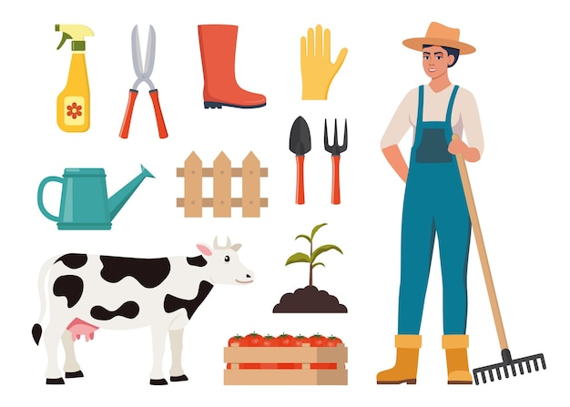 Carattere dell'agricoltore e diversi elementi dell'azienda agricola Donna agricoltore fienile mucca fertilizzante pagliaio