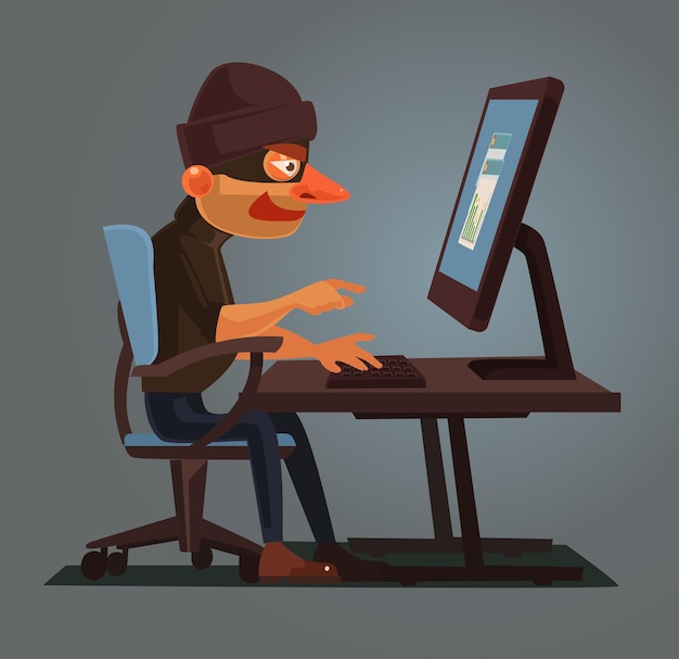 Carattere dell'uomo di hacker di computer cercando di hackerare l'illustrazione del sistema