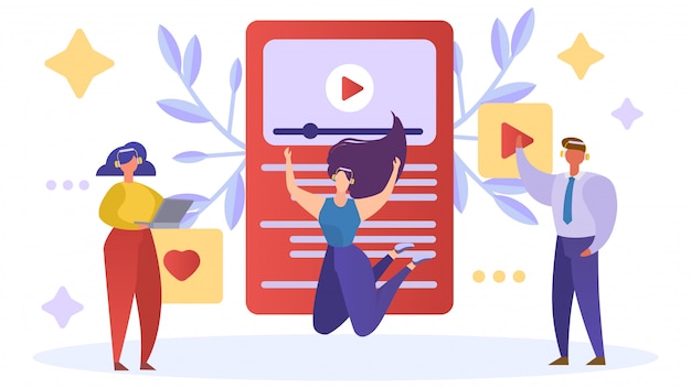 Carattere della persona con il concetto delle cuffie, illustrazione. Ascolta la musica al telefono, giovane donna felice con suono mobile.