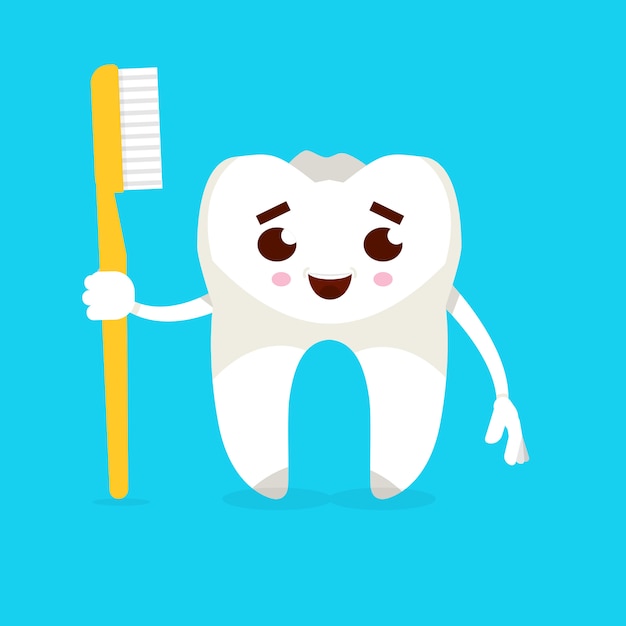 Carattere di dente sorridente con spazzolino da denti. Illustrazione vettoriale