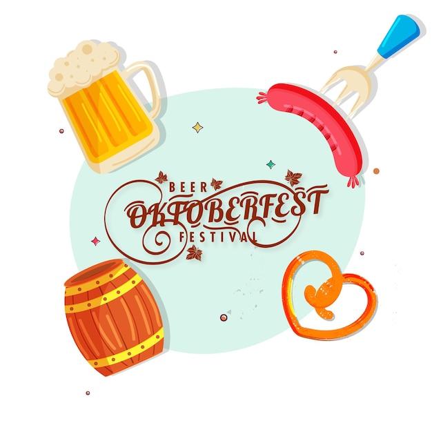 Carattere di festival della birra dell'Oktoberfest con tazza da bere, pretzel, canna e forchetta per salsiccia su sfondo bianco.