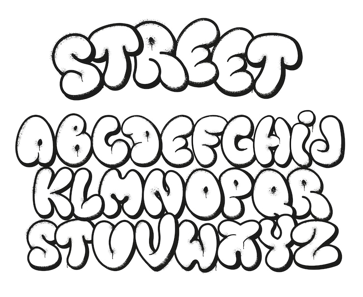 Vettore carattere di graffiti a bolle simboli dell'alfabeto di street art con lettere gonfiate con texture spruzzata di grunge e set vettoriale di designer di graffitis urbani