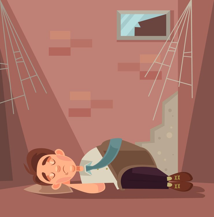 Vettore carattere di impiegato licenziato che dorme sull'illustrazione del fumetto della via