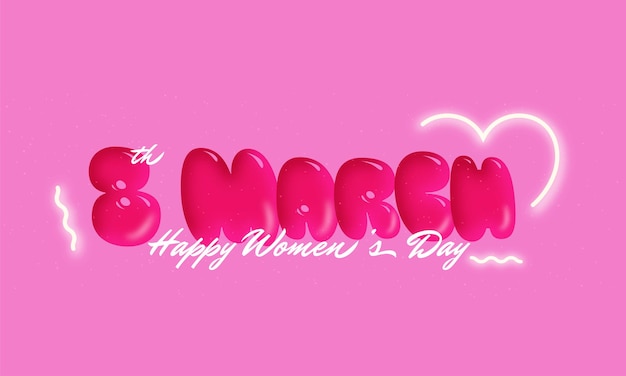 Carattere di palloncino 8 marzo con cuore effetto neon su sfondo rosa per il concetto di festa della donna felice.