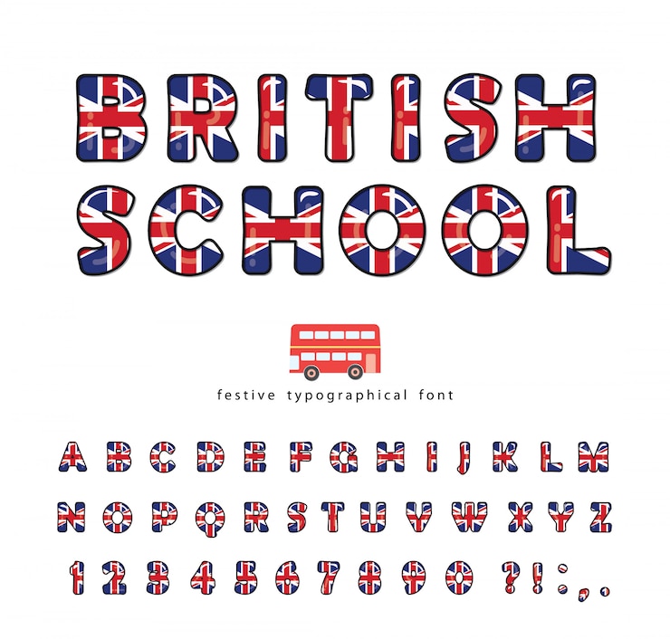 Vettore carattere di scuola britannica, colori della bandiera nazionale del regno unito gran bretagna.