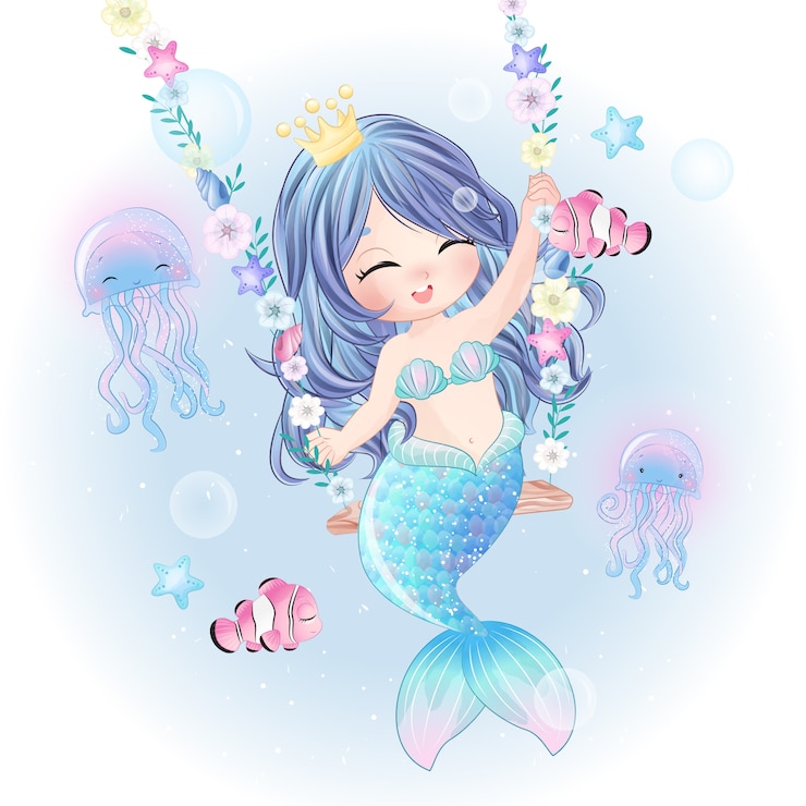 Vettore carattere di sirena carino disegnato a mano