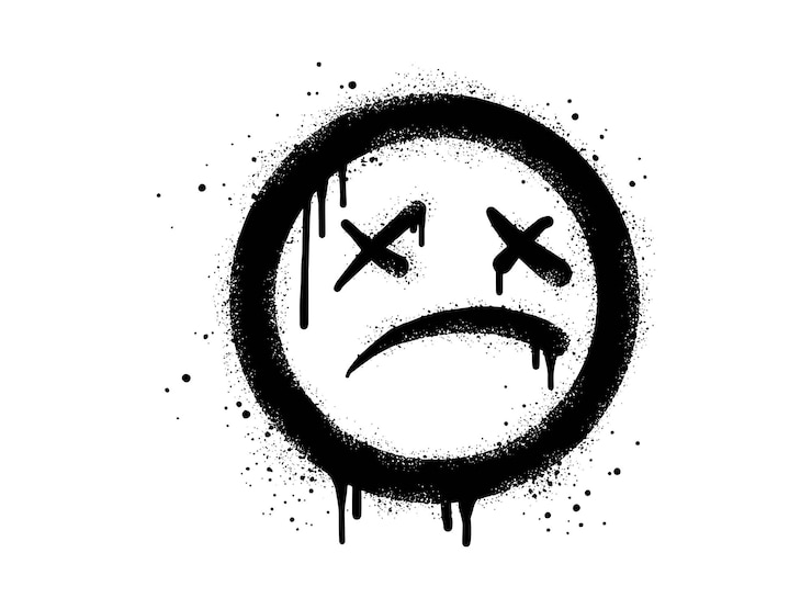 Vettore carattere emoticon faccia malata spaventosa graffiti dipinti a spruzzo faccia triste in nero su bianco isolata su sfondo bianco illustrazione vettoriale
