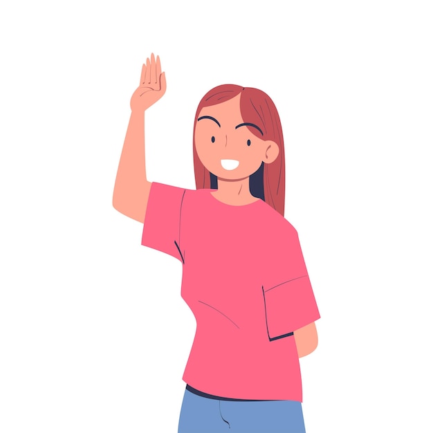 Carattere felice della donna che agita la mano e illustrazione vettoriale sorridente Gioì la giovane donna sentirsi positiva