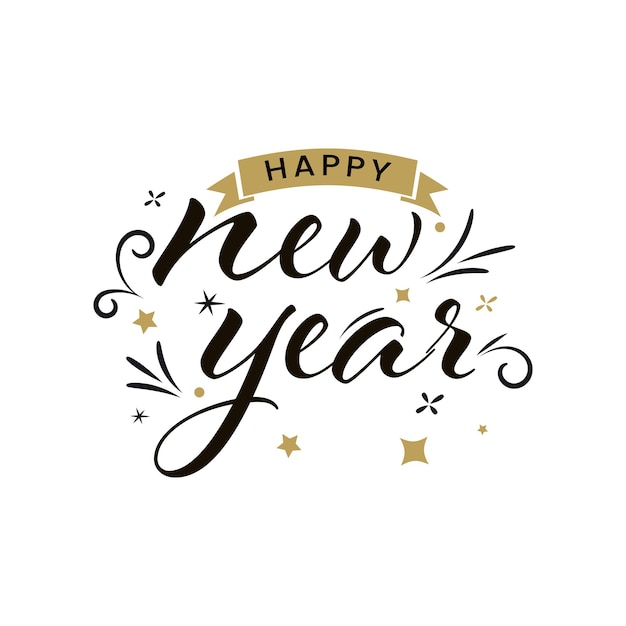 Carattere nero felice anno nuovo con stelle su sfondo bianco.