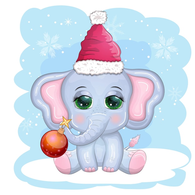 Carattere puerile dell'elefante sveglio del fumetto con gli occhi belli che indossa la sciarpa del cappello della Santa che tiene la palla di Natale del regalo