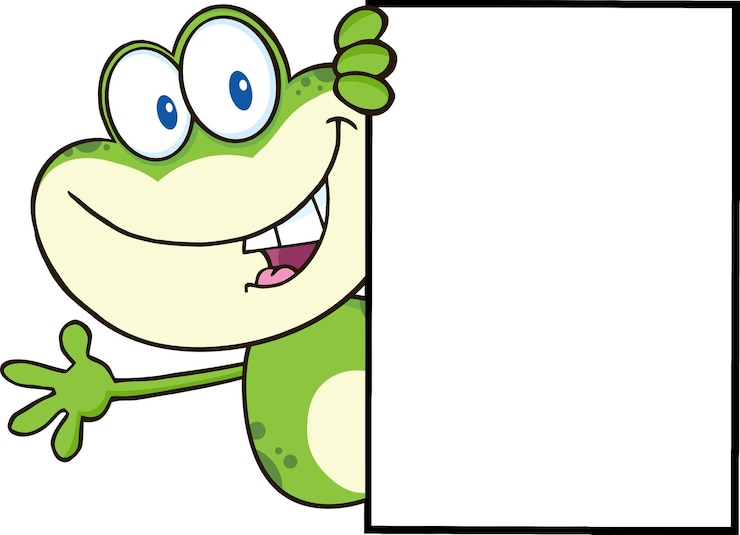 Vettore carattere sveglio della mascotte del fumetto della rana che guarda intorno a un segno in bianco e che agita