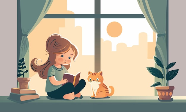 Carattere sveglio della ragazza che legge un libro con il gatto del fumetto che si siede vaso della pianta e tende sulla vista urbana del sole attraverso la finestra