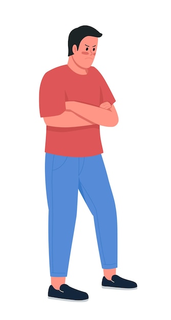Carattere vettoriale di colore semi piatto uomo irritato. Figura in posa. Persona a corpo intero su bianco. L'espressione emotiva ha isolato l'illustrazione moderna di stile del fumetto per la progettazione grafica e l'animazione