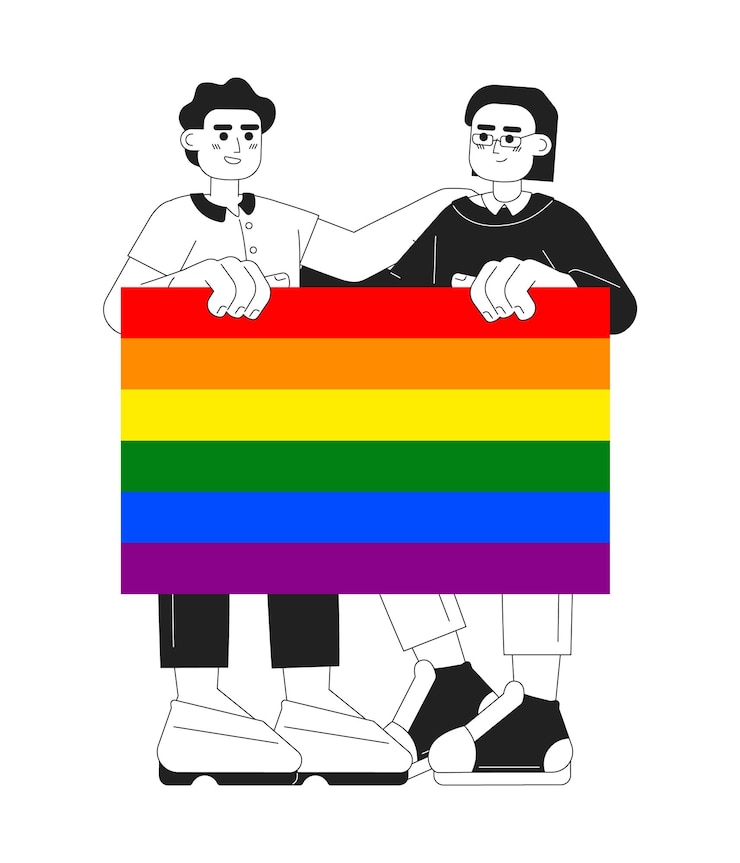 Vettore caratteri vettoriali piatti monocromatici della comunità lgbt linea sottile modificabile corpo intero di persone tenere la bandiera dell'orgoglio arcobaleno lgbtq su bianco immagine spot del fumetto semplice bw per la progettazione grafica web