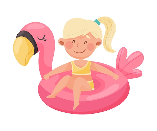 Caratteristica di ragazza carina seduta in Flamingo Rubber Swimming Ring Illustrazione vettoriale