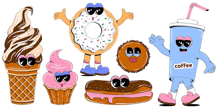 Vettore carattieri carinosi in stile cartone animato retro set colorato di mascotte di gelati di caffè e ciambelle
