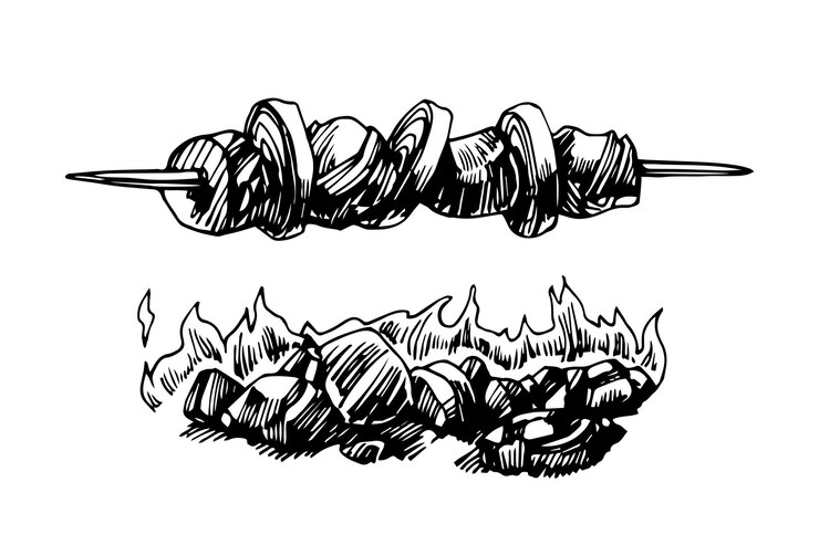 Vettore carbone e legna da ardere per barbecue con carne e cipolle menu design