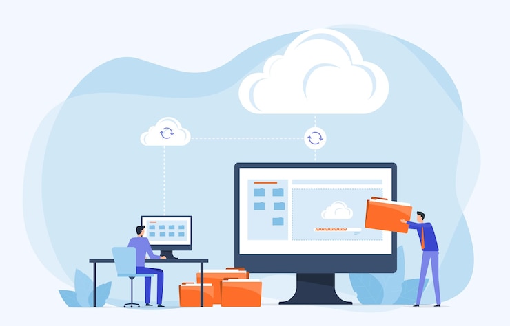 Vettore caricamento di file di tecnologia aziendale sul concetto di archiviazione del server cloud.