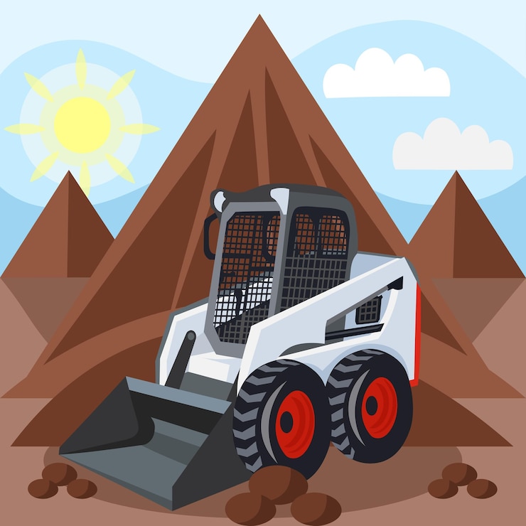 Vettore caricatore bobcat sul terreno edificabile durante la costruzione paesaggistica e l'immagine vettoriale dei lavori di scavo