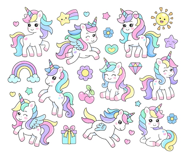 Caricature caricature Unicorn adesivo set di personaggi