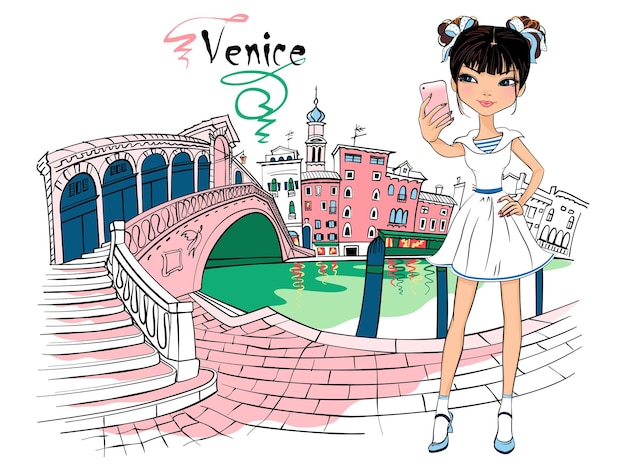 Carina bella ragazza asiatica di moda vicino al ponte di rialto sul canal grande venezia italia