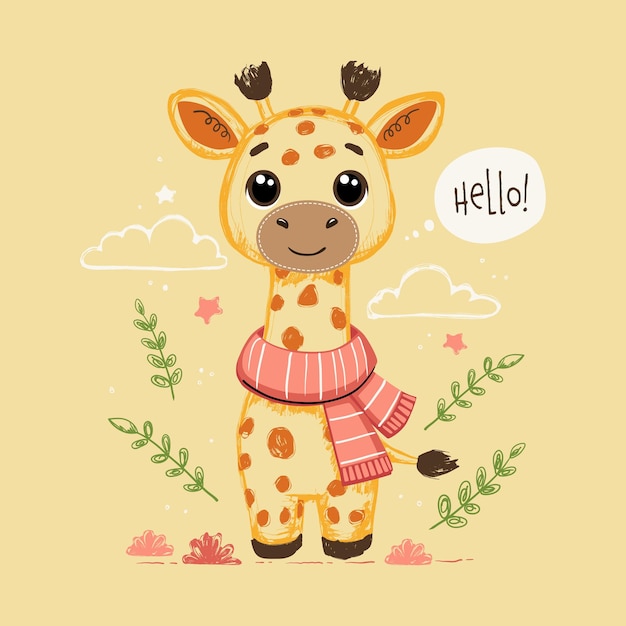 Carina illustrazione vettoriale disegnata a mano di una giraffa carina con lettere Ciao
