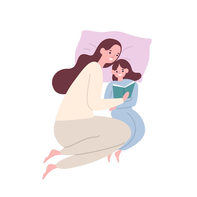 Carina madre e figlia sorridenti in pigiama sdraiata a letto e leggendo un libro o una favola. Felice adorabile mamma e bambino che trascorrono del tempo insieme a casa. Piatto del fumetto colorato illustrazione vettoriale.