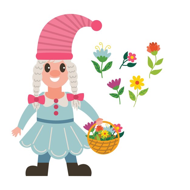 Carina ragazza del giardino primaverile gnomo con cesto con fiori e cappello carino