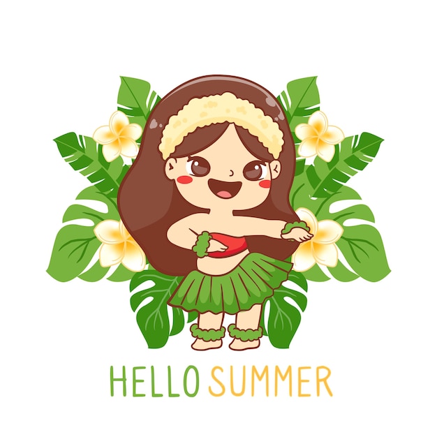 Carina ragazza hawaiana che balla aloha con sfondo estivo tropicale