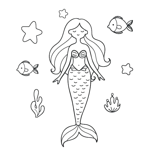 carina sirena disegnata a mano pagina da colorare illustrazione vettoriale