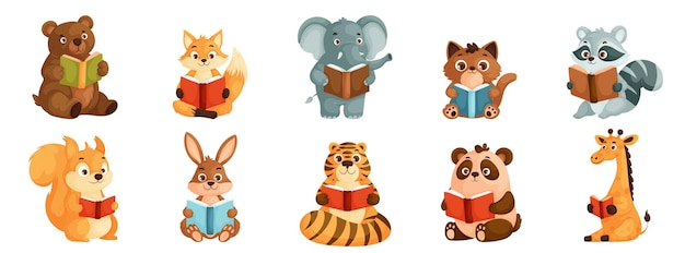 Carine illustrazioni di Bear Fox Elephant Raccoon e altri impegnati nella lettura