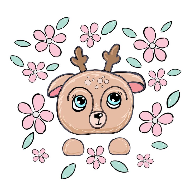Vettore carini cervi e fiori disegnati a mano illustrazione infantile stampa design per tshirt e vestiti per bambini stile animale cartone animato schizzo vettoriale del bosco