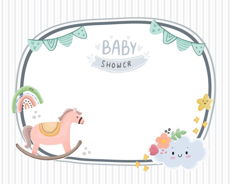 Vettore carino baby shower cornice sfondo animale con cavallo, arcobaleno e nuvola fumetto illustrazione