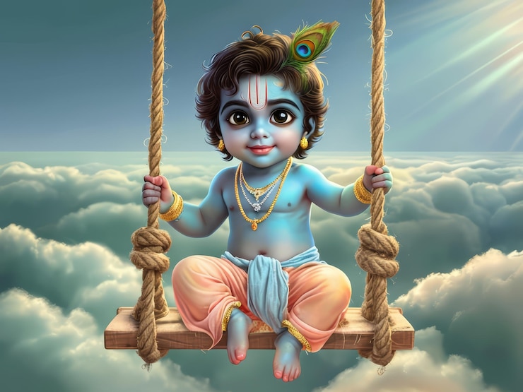 Vettore carino bambino indiano in lord krishna krishna carino