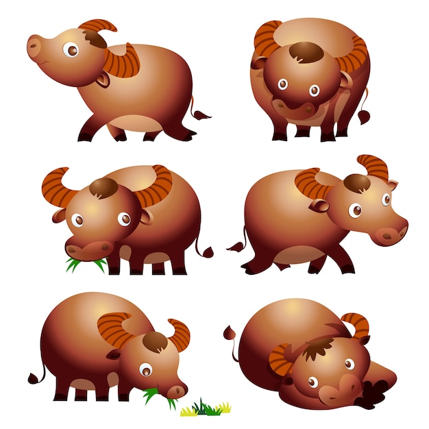 carino buffalo cartoon vectoe molte azioni