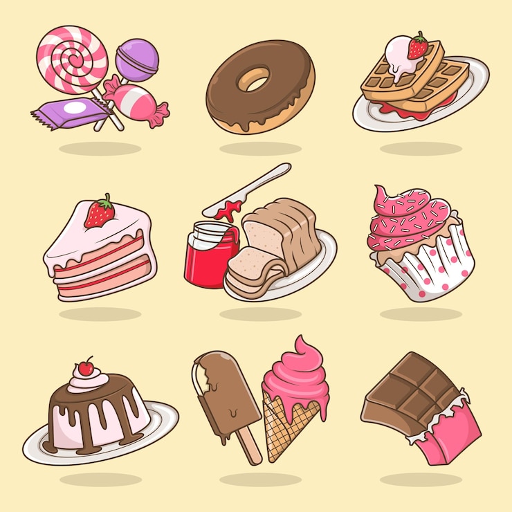carino cartone animato illustrazione cibo dolce set