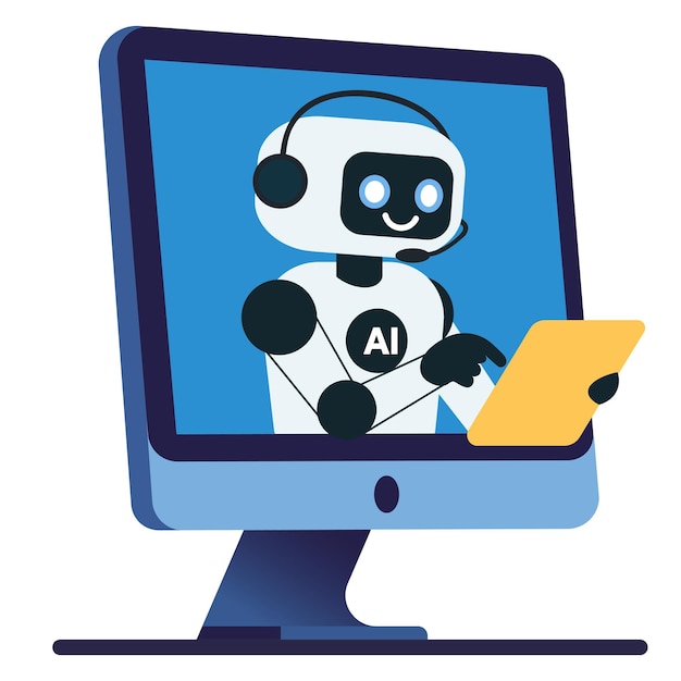 Carino chat bot con tablet giallo dallo schermo del monitor assistenza assistenza intelligenza artificiale supporto