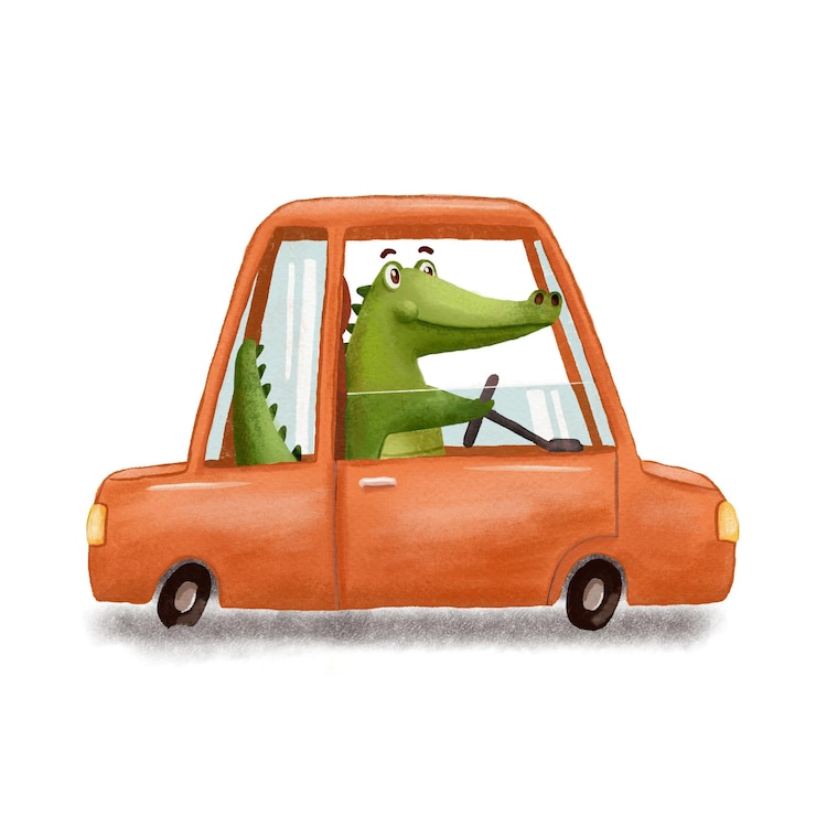 Vettore carino coccodrillo che guida un'auto rossa divertente alligatore isolato su bianco cartone animato disegnato a mano illustrazione